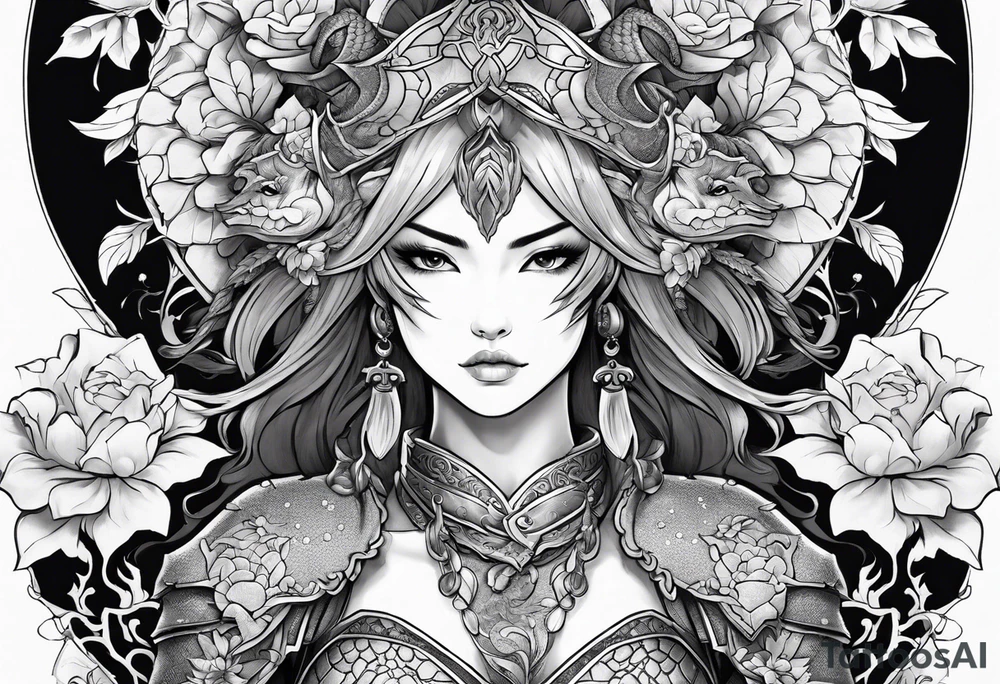 beautiful warrior woman wearing dragon armor and a floral background and a dragon a full picture tattoo idea