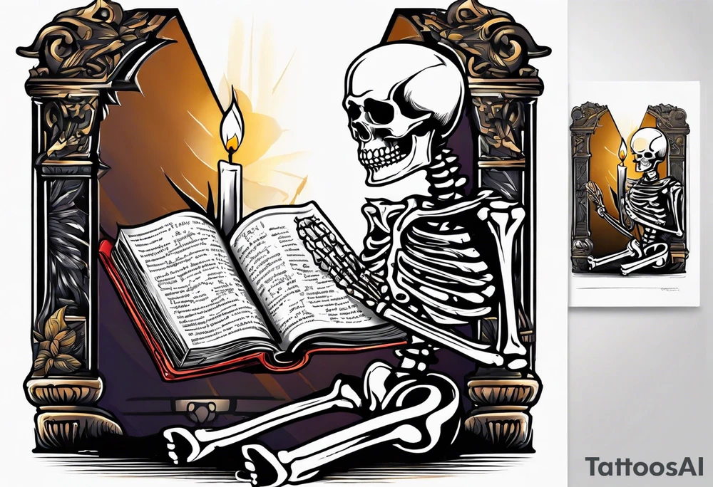 skeleton reading a holy bible by candle light tattoo idea