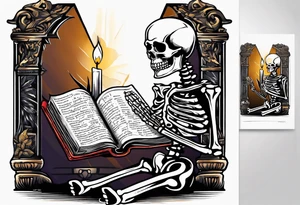 skeleton reading a holy bible by candle light tattoo idea