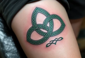 A bold Celtic triskelion in deep emerald green, with intricate knotwork woven into each spiral, symbolizing eternal growth and balance. tattoo idea