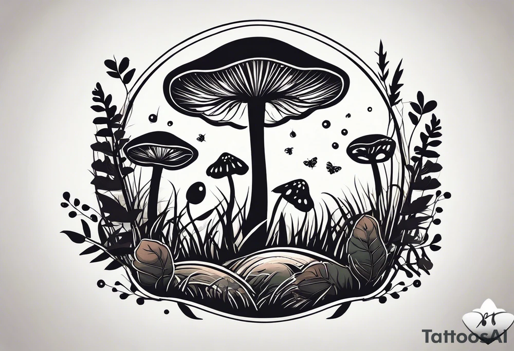 forest floor inspired minimalist tattoo, which includes grass, curly ferns, moss and dead leaves as the bulk of the tattoo. details to include: forest berries, a tiny bumblebee flying nearby, three small brown mushrooms
Generate a vertically long one tattoo idea