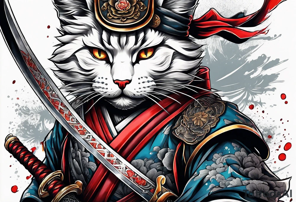 A bloody Samurai cat holding a sword tattoo idea
