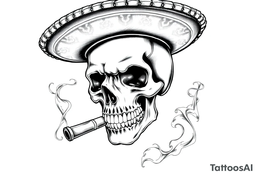 A skull with a sombrero and cigar, surrounded by swirling smoke. tattoo idea