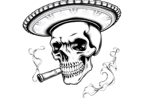 A skull with a sombrero and cigar, surrounded by swirling smoke. tattoo idea