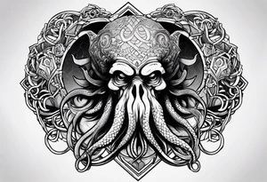 Long tattoo for arm. Cthulhu protecting a heart. Lovecraftian. tattoo idea