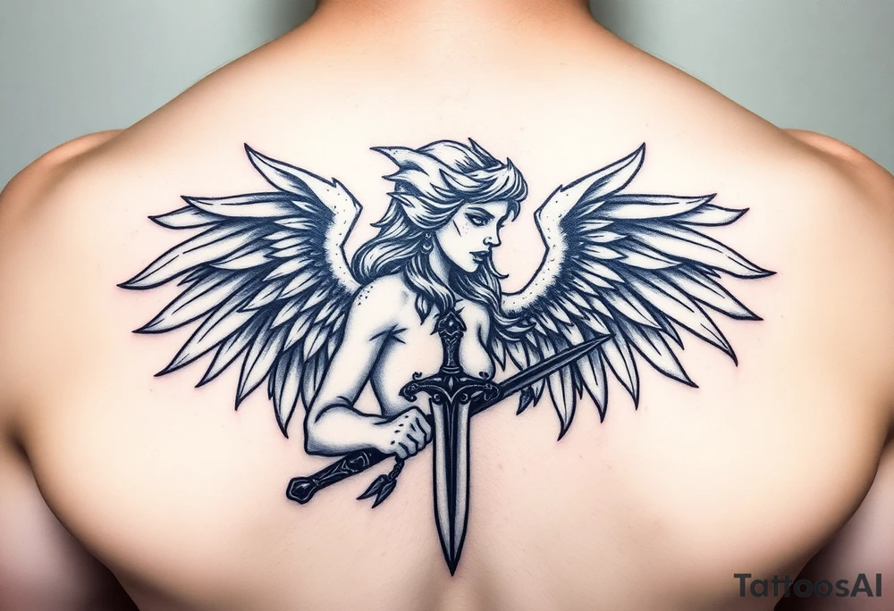 Fierce Female Angel warrior with dagger Greek mythology style with dark shading tattoo idea
