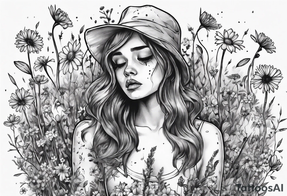 Depressed girl in flowers meadow tattoo idea