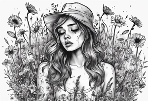 Depressed girl in flowers meadow tattoo idea