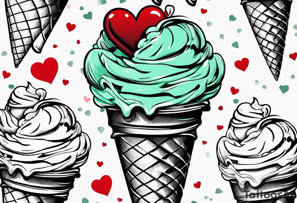 mint chocolate chip ice cream cone with small red heart on it somewhere. tattoo idea