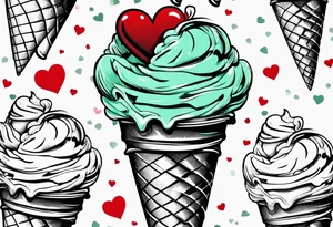 mint chocolate chip ice cream cone with small red heart on it somewhere. tattoo idea