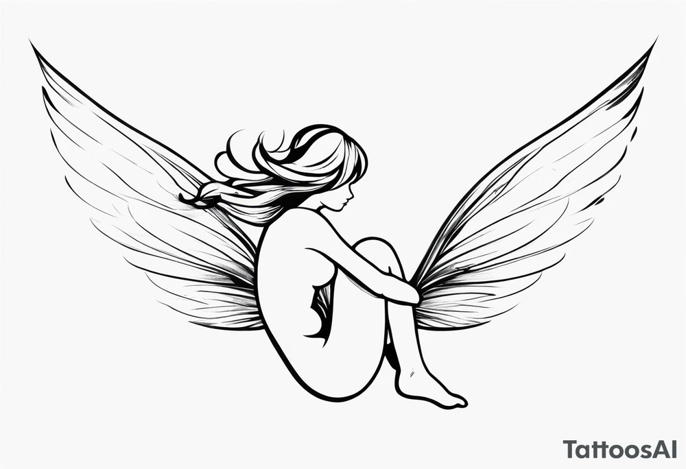 Minimalistic, monochromatic fairy with a tail flying to the left in a fetal position, leaning and looking in the same direction, with visible hands, embodying the 'Fairy Tail' logo aesthetic. tattoo idea