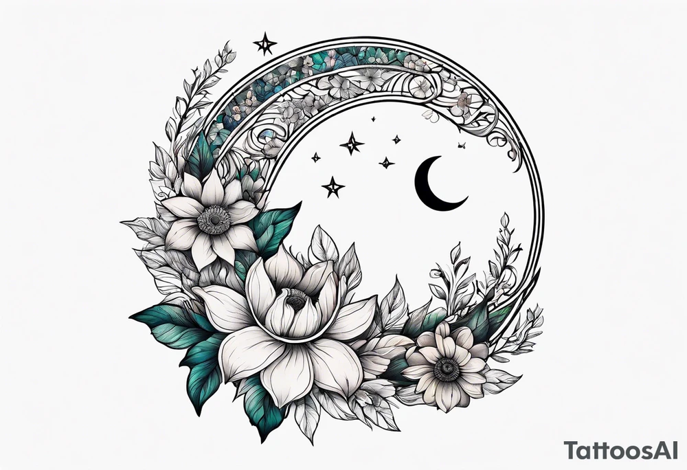 Flowers laid in shape of crescent moon tattoo idea