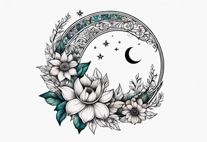 Flowers laid in shape of crescent moon tattoo idea