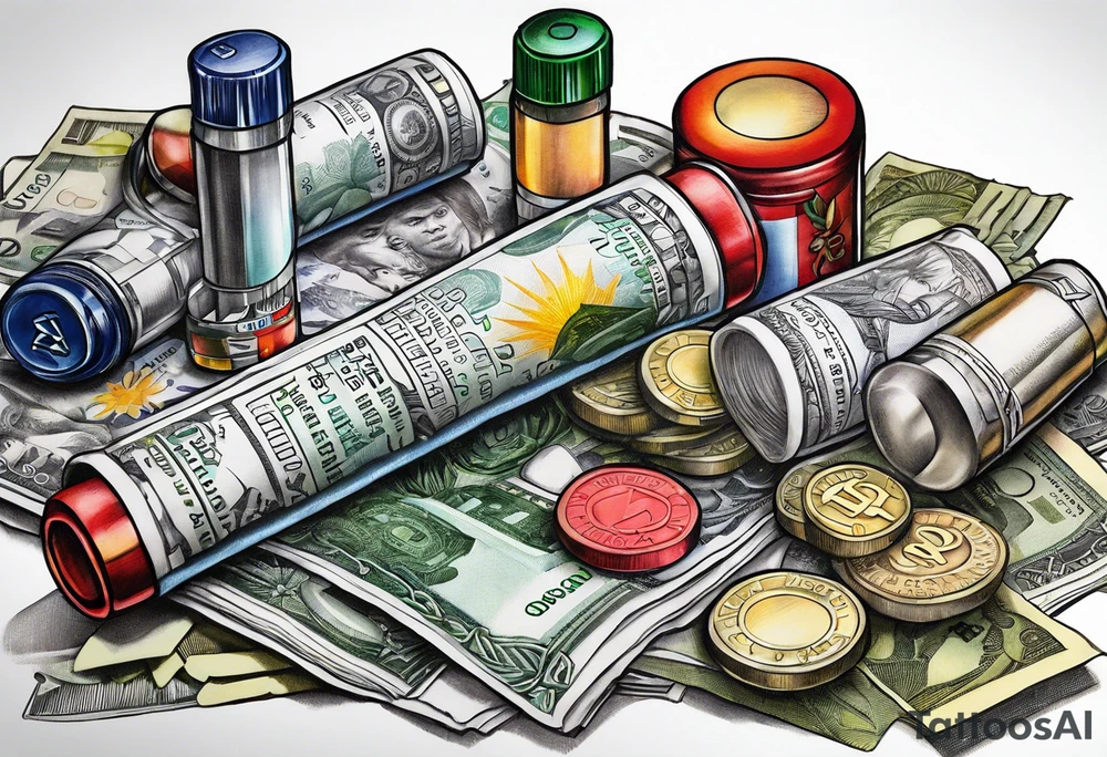 pills, drugs, euro bank notes and currency, bank cheques, police, walkietalkies tattoo idea