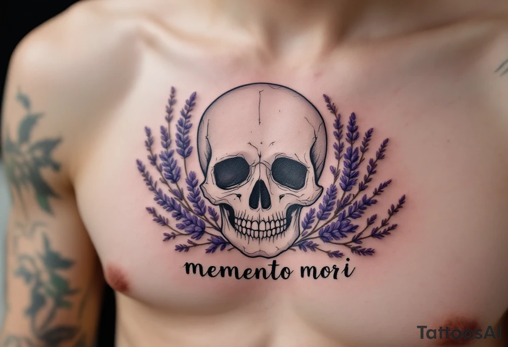 A pale skull surrounded by dried lavender and "memento mori" delicately scripted in soft gray beneath it tattoo idea