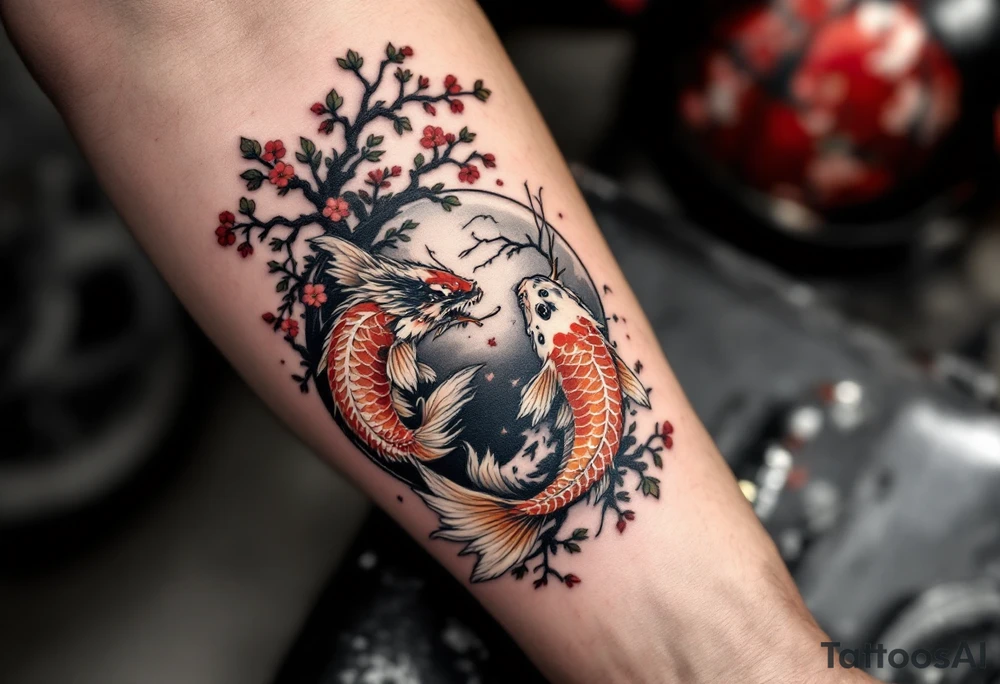 koi fish fighting a dragon in a yin yang format 
with a sakura tree in the background, Japanese inspired piece tattoo idea