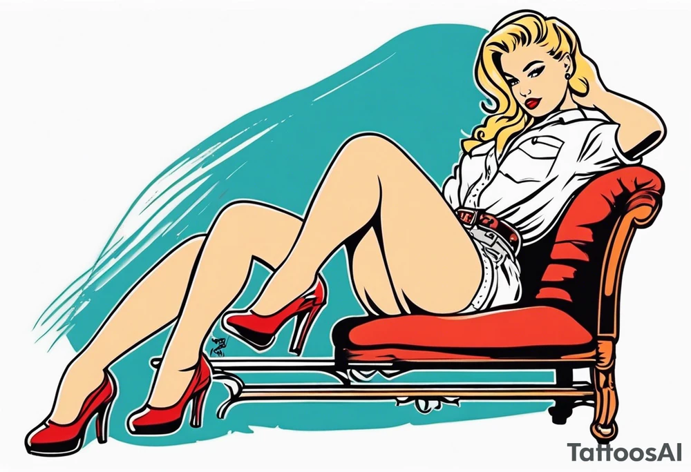 American Traditional pinup girl sitting with blonde hair tattoo idea