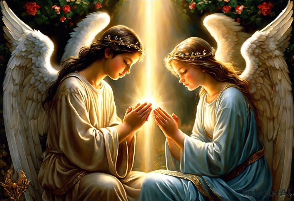 In the center of the tattoo, there's a serene scene of three angels praying together. The two boy angels are on either side of the girl angel, with their wings gently enfolding her in a protective embrace. Each angel has a peaceful expression on their face, and their hands are clasped together in prayer. Rays of light emanate from above, surrounding the angels with a divine glow.

The girl angel could be depicted with slightly softer features, perhaps wearing a flowing gown or robe, symbolizing purity and grace. The boy angels might have a more sturdy and protective appearance, with strong wings and expressions of compassion and strength. tattoo idea