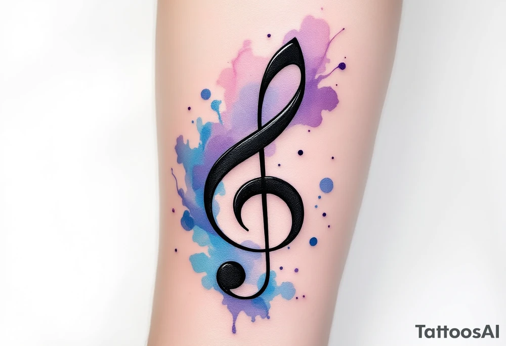 Treble Clef and Watercolor Swirl – A bold treble clef in black, surrounded by a swirl of soft blue, purple, and pink watercolor, representing the fluidity and emotion of music. tattoo idea