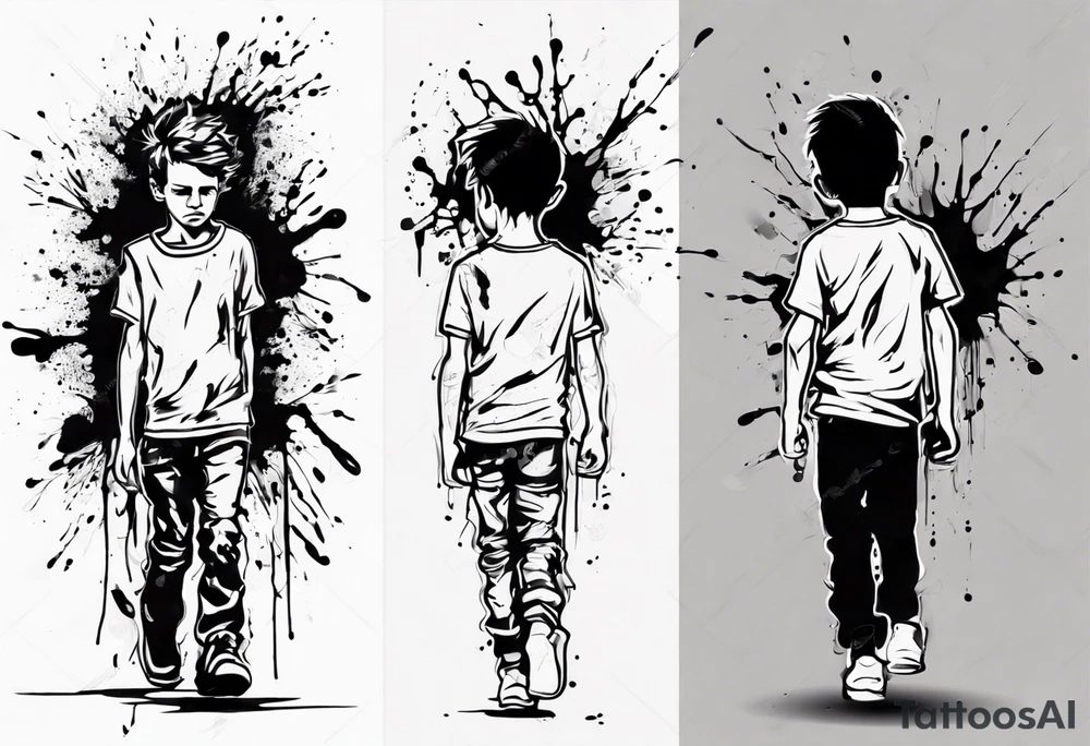 Paint splash drawing a lost boy walking alone tattoo idea