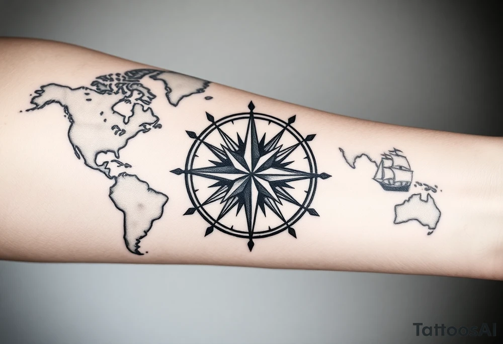antique compass rose overlaid on weathered world map with sailing ships tattoo idea
