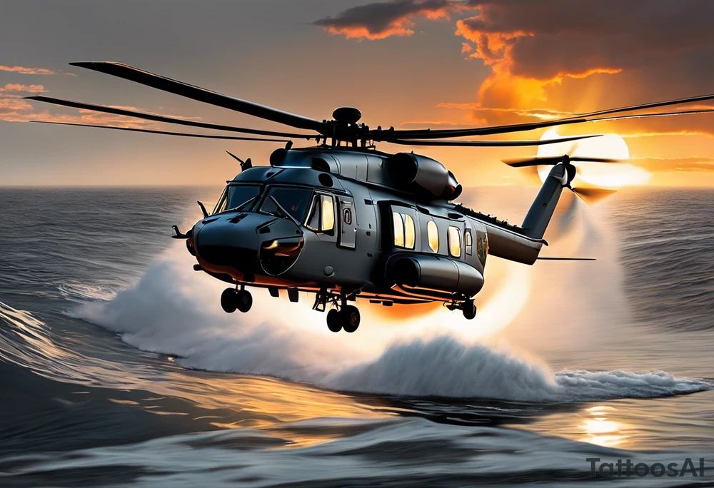 Canadian military grey CH-148 Cyclone helicopter soaring low over rough, ocean waves. The sun is setting, casting a dramatic glow on the scene with realistic clouds and a specular reflection of the helicopter on the water. The helicopter should be the main focus, with intricate details and a sense of motion. In the background, a poppy be prominently displayed tattoo idea