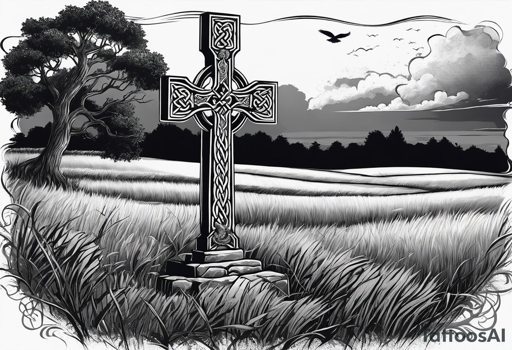 A stone Celtic cross, standing alone in a field, with a raven perched on the arm of the cross tattoo idea