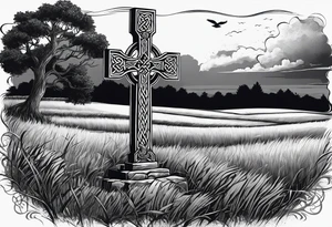 A stone Celtic cross, standing alone in a field, with a raven perched on the arm of the cross tattoo idea