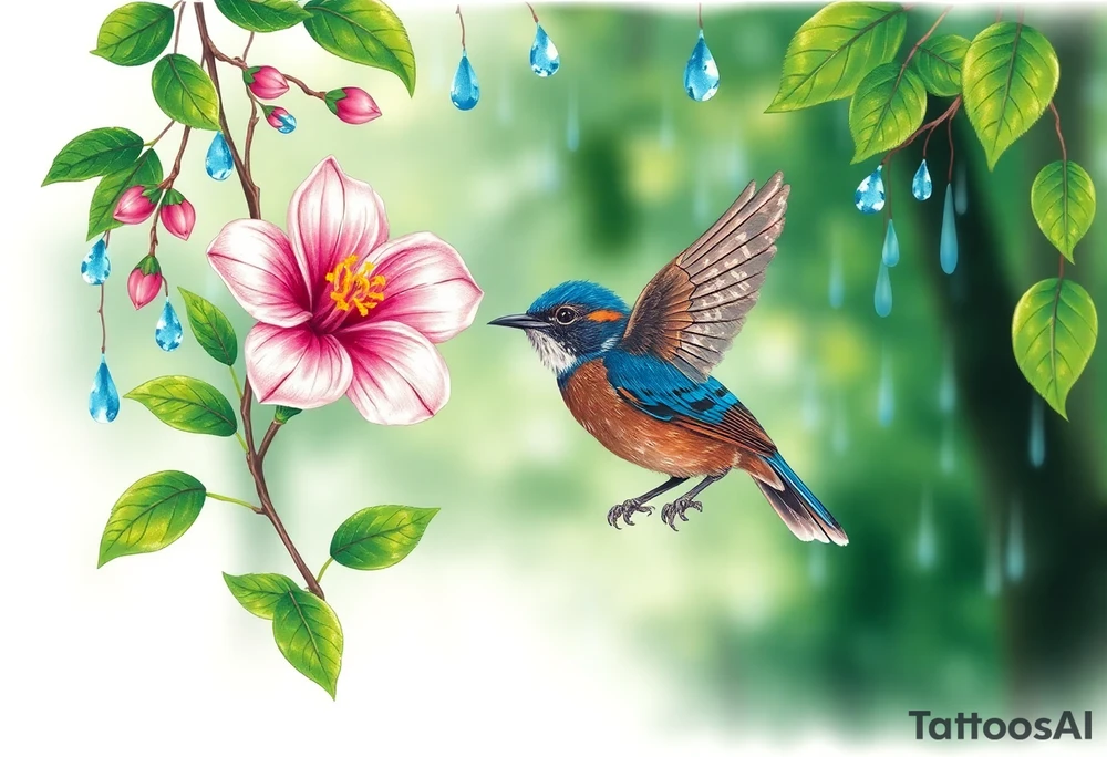 green forest background
blue rain drops
pink camelia flower
blue brown wren bird tattoo idea