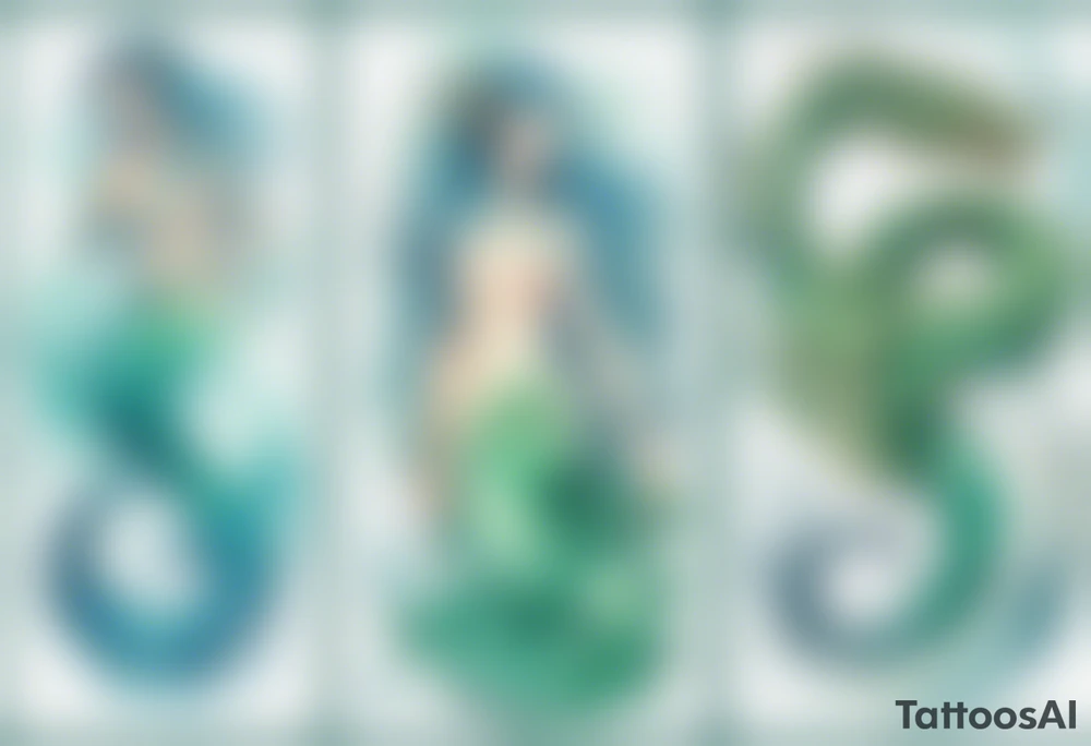 a blue-green Naiad next to a sea serpent tattoo idea