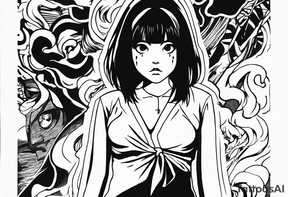 portrait of tomie standing up a character by the horror manga author junji ito full body standing menacingly. add more horror and gore elements tattoo idea