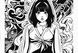 portrait of tomie standing up a character by the horror manga author junji ito full body standing menacingly. add more horror and gore elements tattoo idea