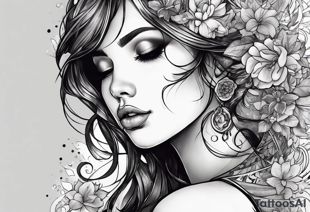 girl making a wish with tears in her eyes. broken pictures and coupled paper next to her tattoo idea