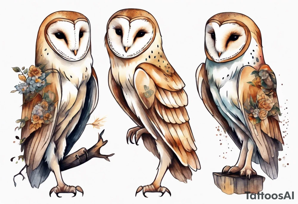a barn owl with long legs, wearing pants and wooden shoes tattoo idea