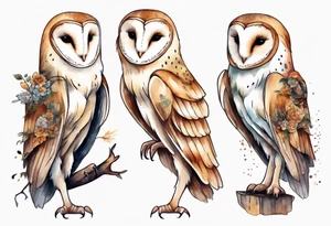 a barn owl with long legs, wearing pants and wooden shoes tattoo idea