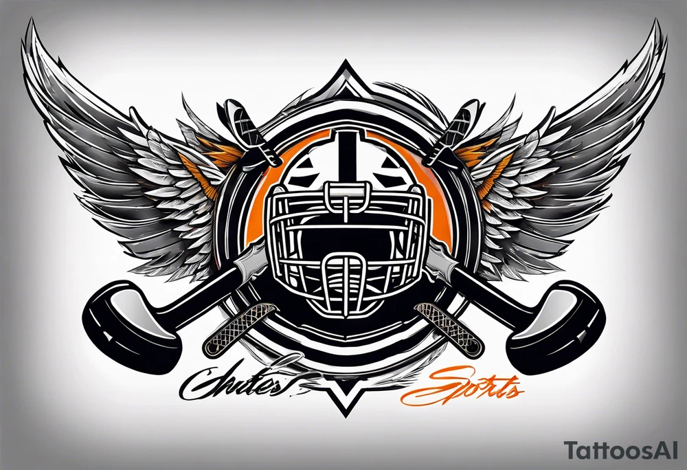 crossed hockey sticks with sports equipment and wings that says "SHOT SPORTS" tattoo idea