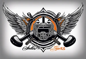 crossed hockey sticks with sports equipment and wings that says "SHOT SPORTS" tattoo idea