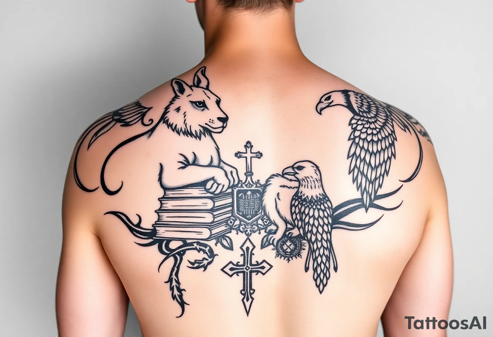 Tattoo Description
A single-arm sleeve that extends onto the chest and back by a few inches.

Tribal style emphasizing bold lines with matching space between.

The tattoo should contain “hidden” features within that require a careful eye to spot:
Jackalope
Resting Lion
Pile of books
Female wolf
A lamb
A cross
An eagle
A computer chip-like design tattoo idea