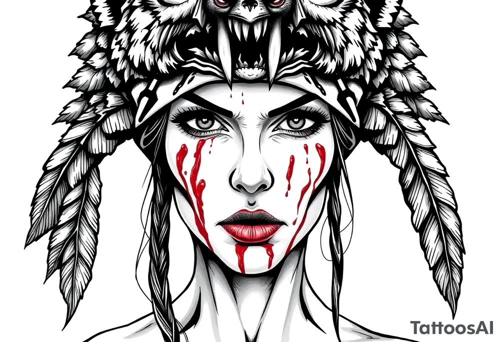 Beautiful Woman with battle scars and blood on face wearing angry dead bear headdress on head tattoo idea