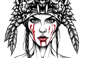 Beautiful Woman with battle scars and blood on face wearing angry dead bear headdress on head tattoo idea