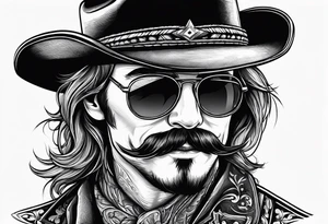 Wire rim glasses with a cowboy hat and handlebar mustache tattoo idea