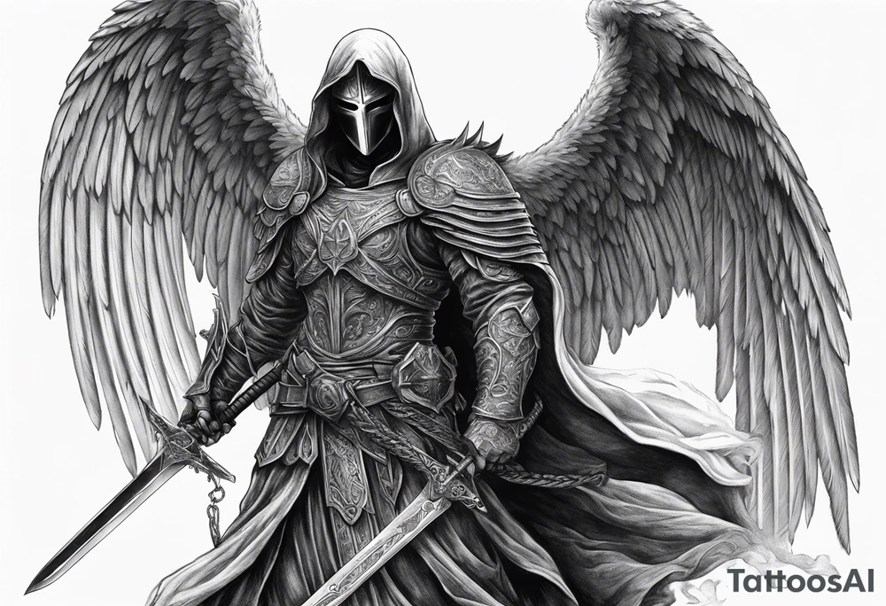 realistic angel of death, man, full body, no face visible, holding one sword, sword pointing downwards, both hands are holding the sword tattoo idea
