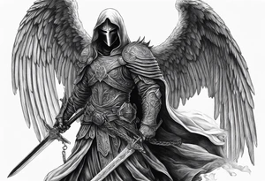realistic angel of death, man, full body, no face visible, holding one sword, sword pointing downwards, both hands are holding the sword tattoo idea