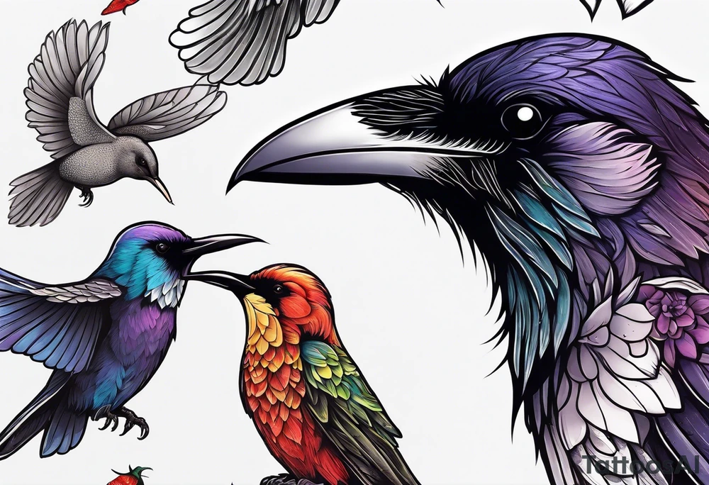 raven above a hummingbird with the raven facing right and the hummingbird facing left tattoo idea