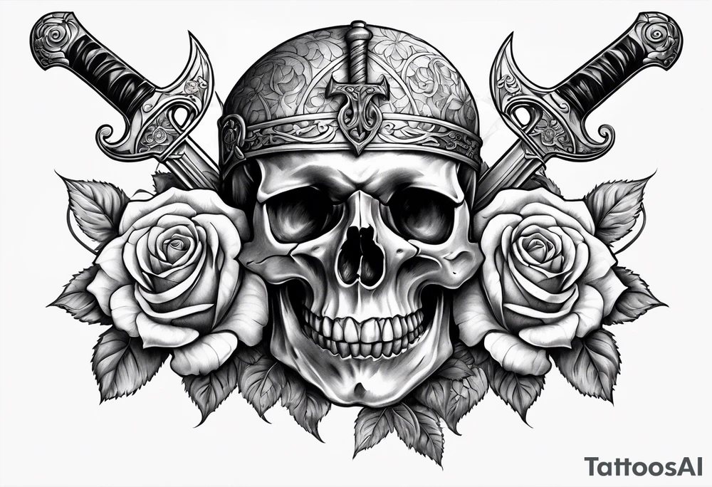 Sword and skull wrapped in roses tattoo idea