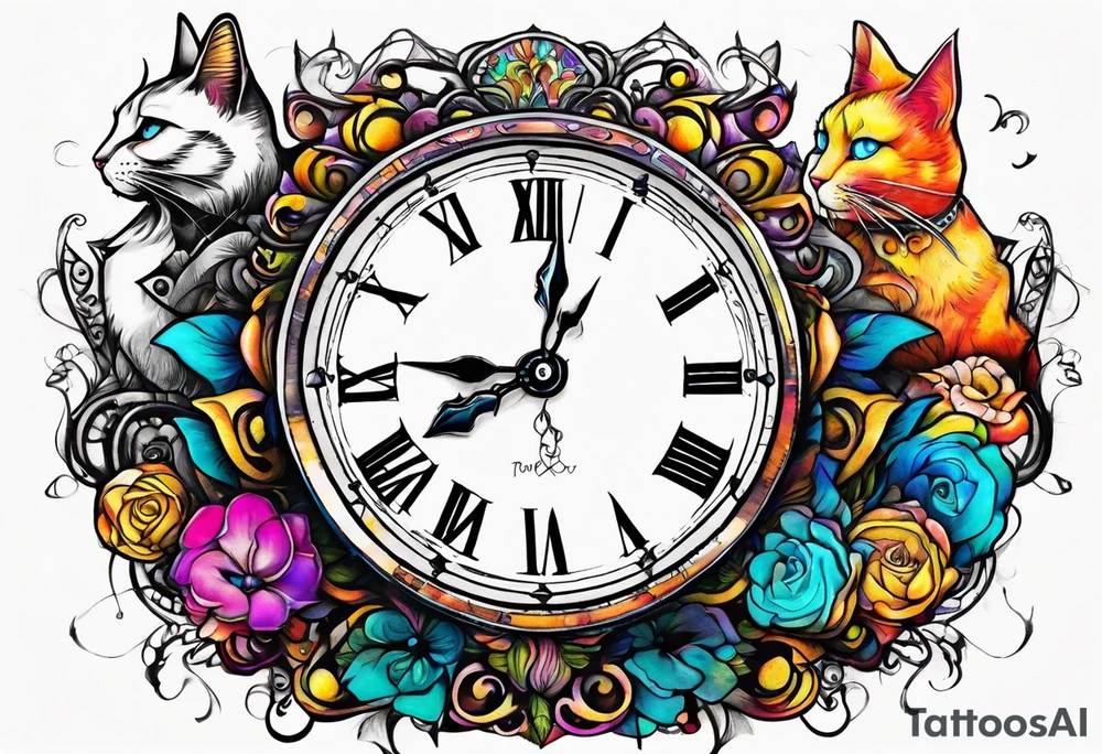 Semicolon chester cat on Alice in wonderland broke clock hour glass tattoo idea