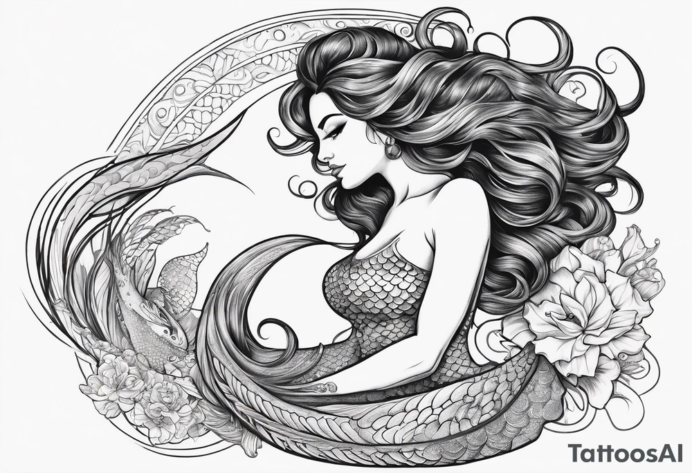 sexy goddess mermaid with flowing hair and long flowing tail with scales and tattoos combine the favorites tattoo idea