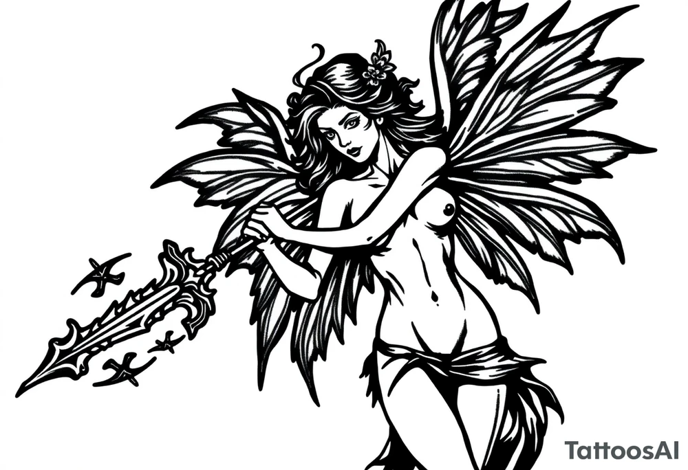 Dark fairy naked with weapon tattoo idea