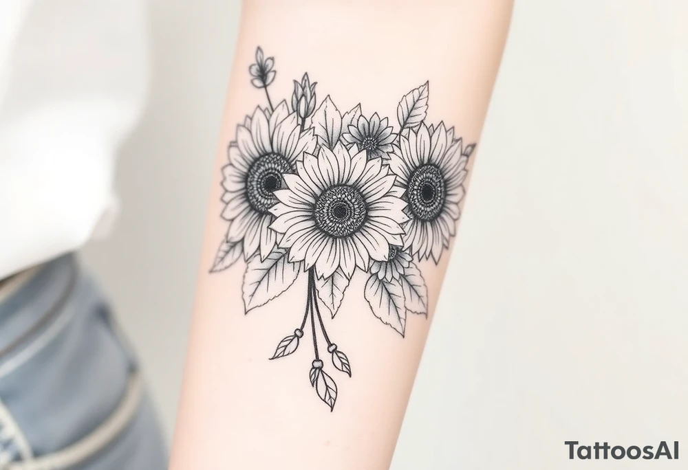Large floral design with multiple types of flowers including sunflowers tattoo idea