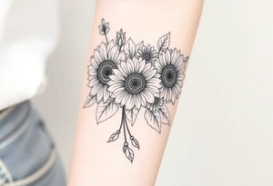 Large floral design with multiple types of flowers including sunflowers tattoo idea